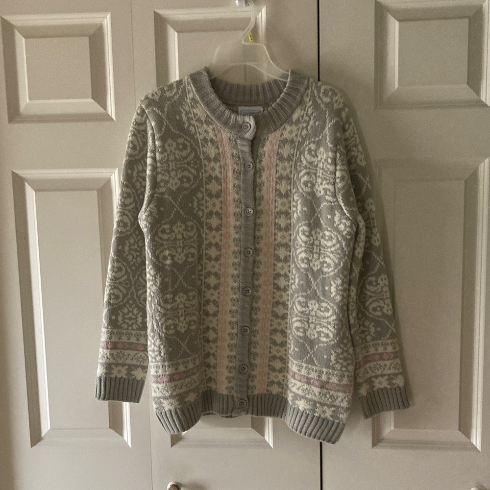 National nordic knit cardigan gray pink women's large cozy layer